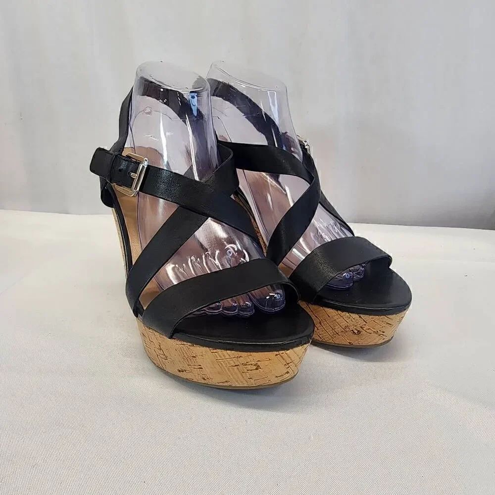 Franco Sarto Stallion Wedge Sandal Black Leather Size 9.5